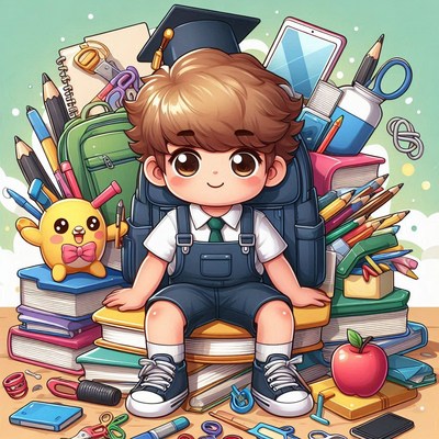 Young student surrounded by school supplies and books