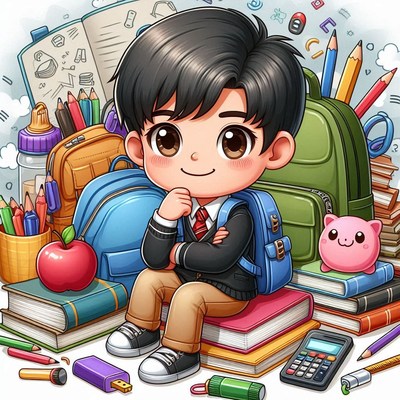 Happy student surrounded by school supplies at desk