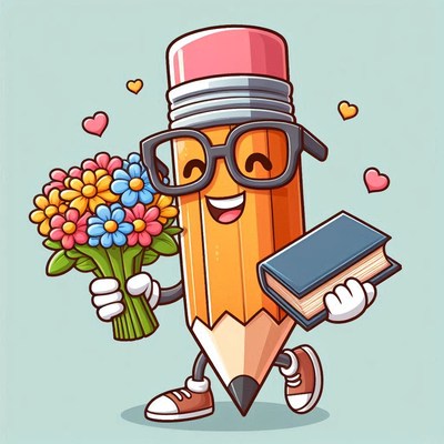 Happy pencil holding flowers and a book in cartoon style