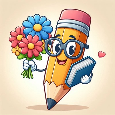 Cheerful pencil holding flowers and a book