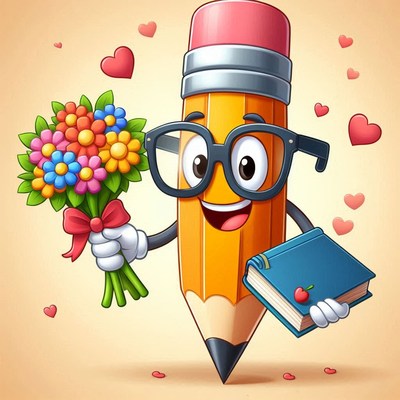 Cheerful pencil character holding flowers and a book