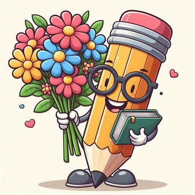 Happy cartoon pencil holding flowers and a book