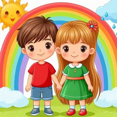 Children holding hands under rainbow with sun