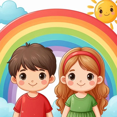Two children smiling under a rainbow in a bright sky