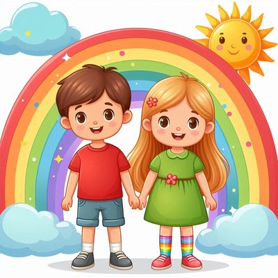 Children holding hands under rainbow and sun