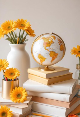 Yellow flowers and globe on stacked books