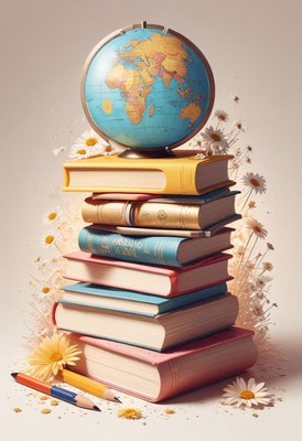 Colorful books stack with globe and flowers on table