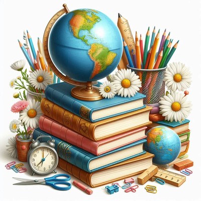 Study desk arrangement with books and globe