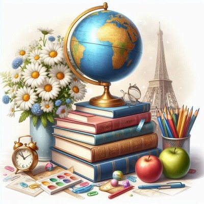 Study desk with globe, books, and flowers near eiffel tower