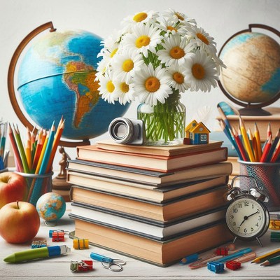Study desk with books, flowers, and globes