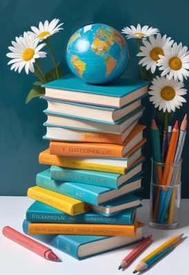 Colorful stacked books with globe and flowers