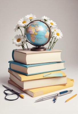 Globe surrounded by books and daisies on study desk