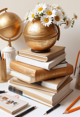 Golden globe decorated with flowers on stacked books