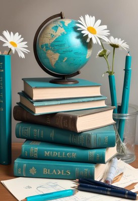 Globe and books with daisies on a wooden table