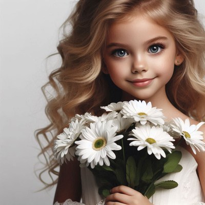 Girl holding white daisies in soft natural light