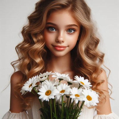 Young girl holding daisies in a bright studio setting