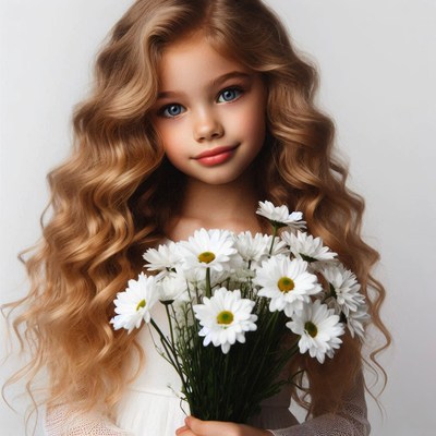 Young girl holding white daisies in studio setting