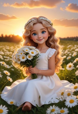 Girl in white dress holding flowers at sunset