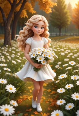Young girl collecting daisies in a sunlit meadow