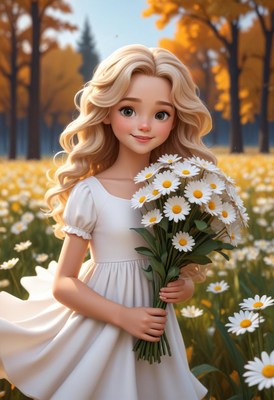 Girl in white dress holding daisies in autumn field