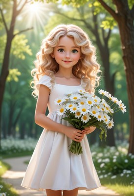 Girl in white dress holding daisies in forest