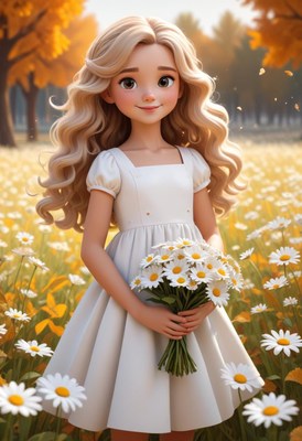 Girl in white dress holding daisies in autumn field