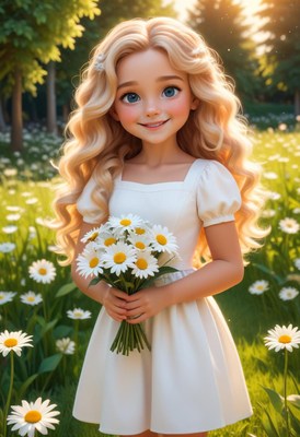 Young girl in white dress holding daisies in meadow