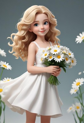 Girl in white dress holding daisies in a floral setting