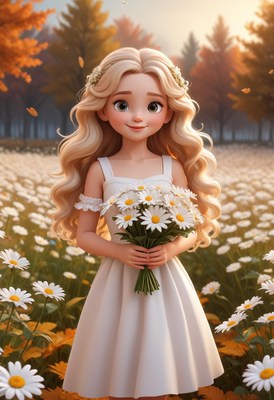 Girl holding daisies in autumn flower field