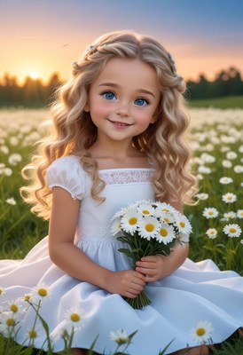 Young girl holding daisies in a flower field at sunset