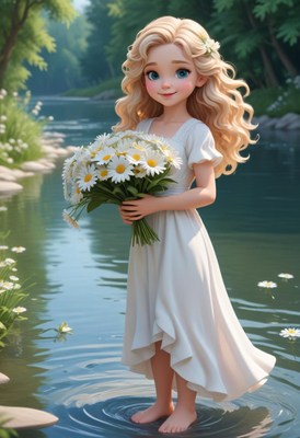 Girl in white dress holding daisies by riverbank