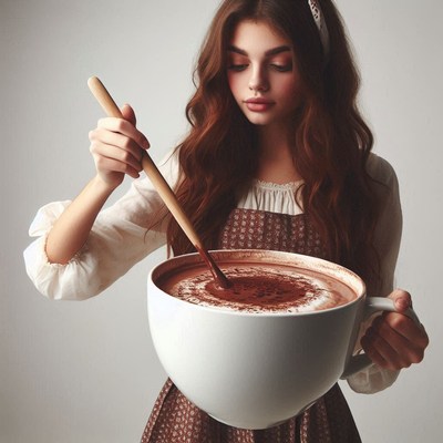 Young girl mixing hot chocolate in oversized cup