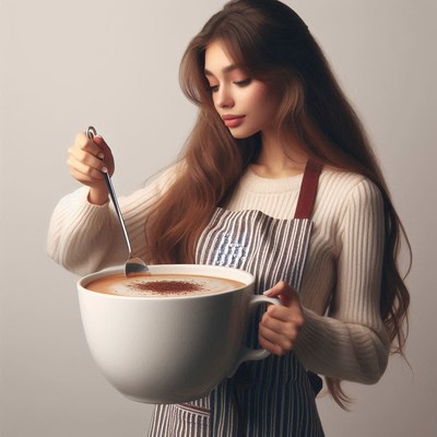 Woman stirring large bowl of hot chocolate indoors