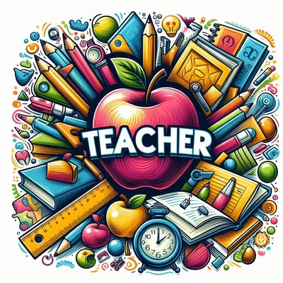 Colorful teacher tools and apple illustration