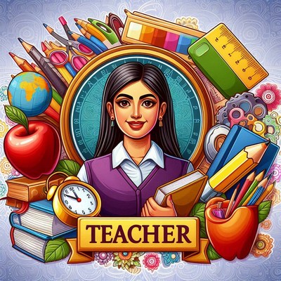Teacher surrounded by educational tools and resources