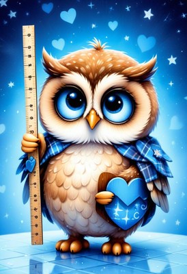 Cute owl holding a ruler and heart on blue background