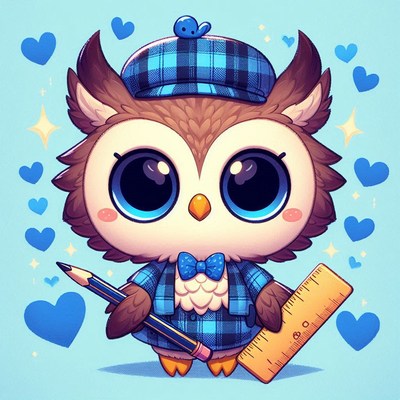 Cute cartoon owl wearing plaid holding ruler and pencil
