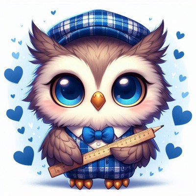 Cute cartoon owl in blue outfit holding a ruler