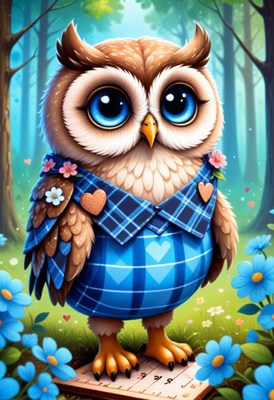 Cute cartoon owl dressed in blue plaid, woodland setting