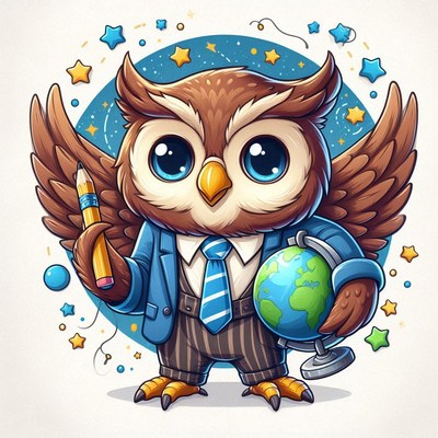Cartoon owl teacher holding globe and pencil
