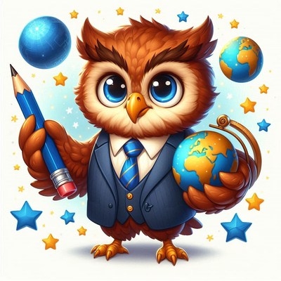 Clever owl in suit holding globe and pencil