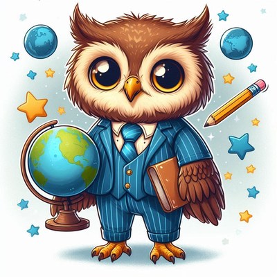 Cute cartoon owl in suit with globe and stars