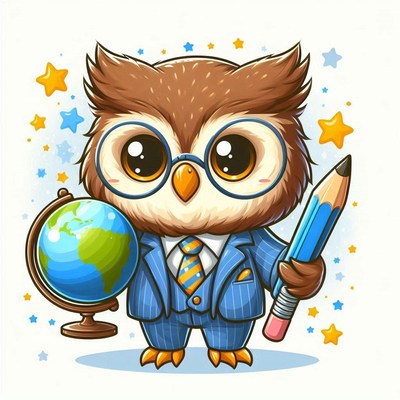 Cute cartoon owl in suit with globe and pencil