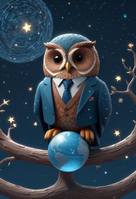 Wise owl in a suit perched on earth at night