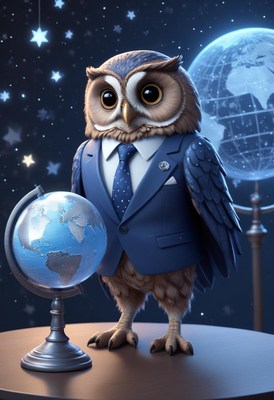 Dapper owl in suit with globe under starry sky