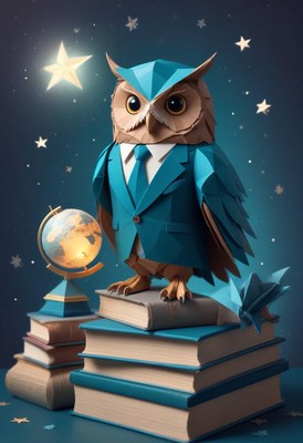 Owl in suit standing on books with globe and stars