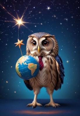 Wise owl holding earth and star against starry background