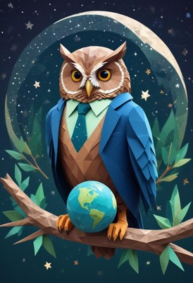 Owl in suit holding earth on branch at night