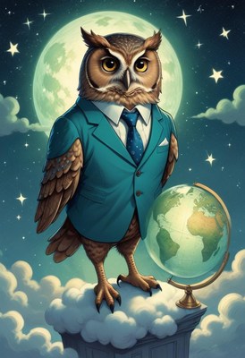 Owl in suit standing by globe under moonlit sky