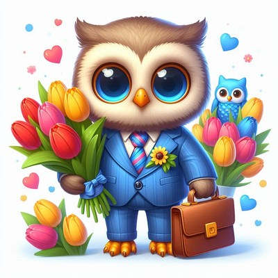 Cute owl in suit holding flowers in colorful background
